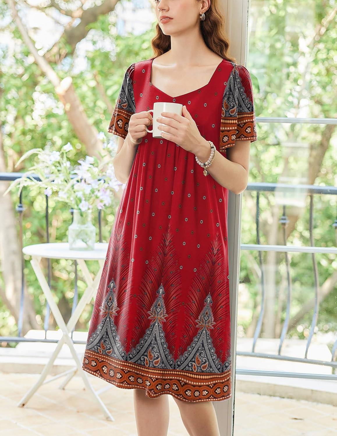 imageEkouaer Womens House Dress Pleated Nightgown with Short Sleeves amp PocketsRed Peacock Feathers