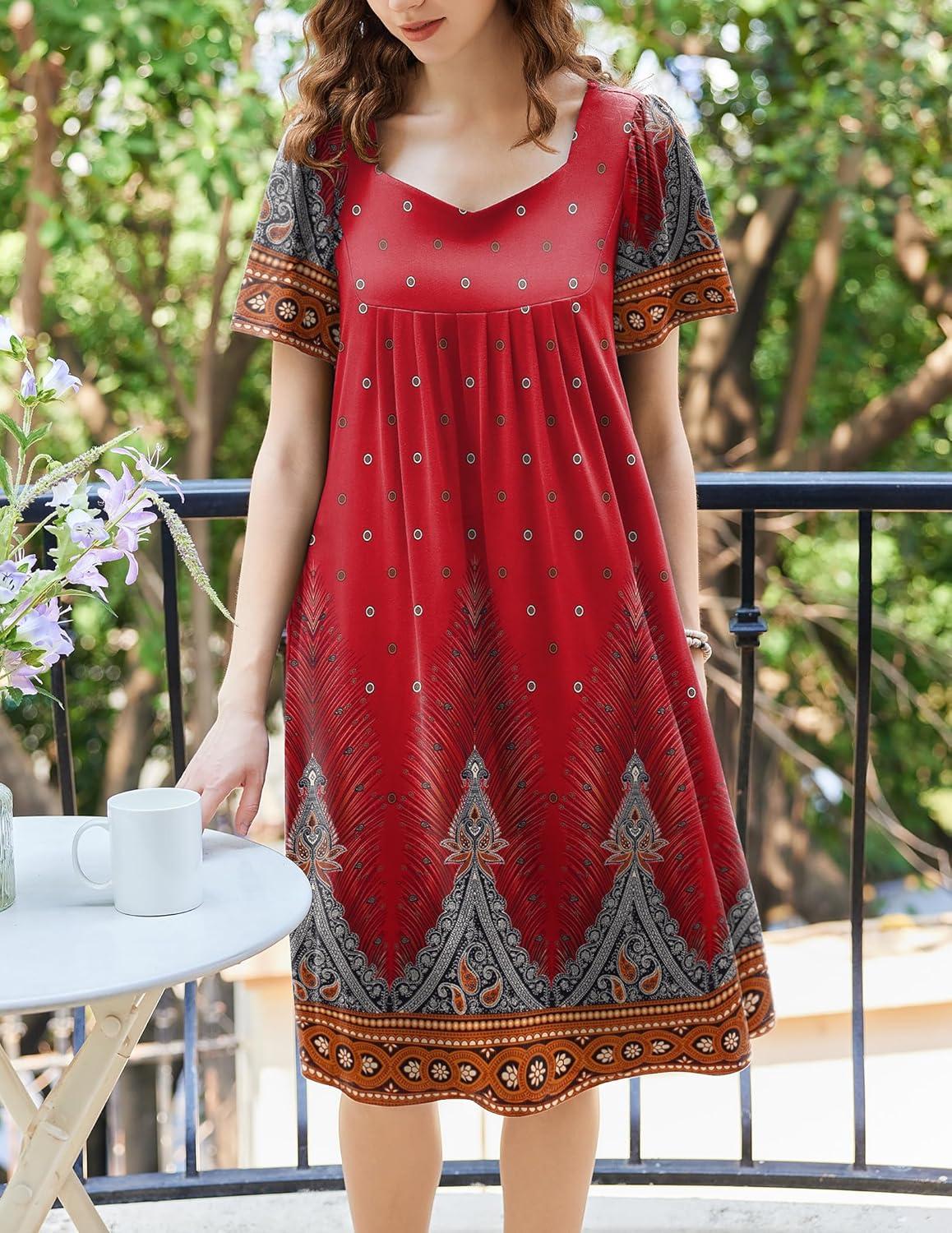 imageEkouaer Womens House Dress Pleated Nightgown with Short Sleeves amp PocketsRed Peacock Feathers