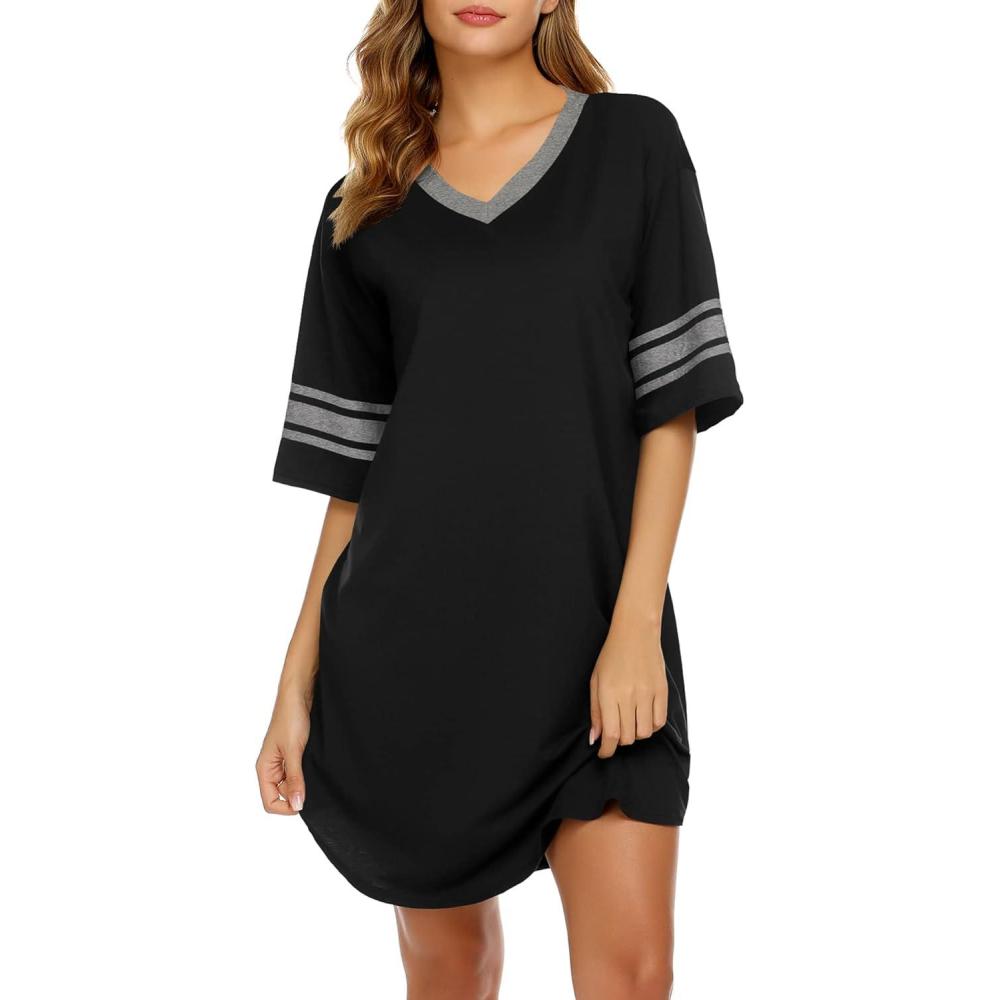 imageEkouaer Nightgowns for Women Cotton Night Gown Short Sleeve Sleepwear V Neck Color Block Sleep Shirts Ladies Night ShirtsAablack