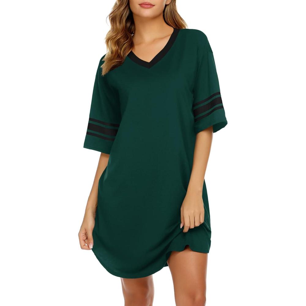 imageEkouaer Nightgowns for Women Cotton Night Gown Short Sleeve Sleepwear V Neck Color Block Sleep Shirts Ladies Night ShirtsAgreen