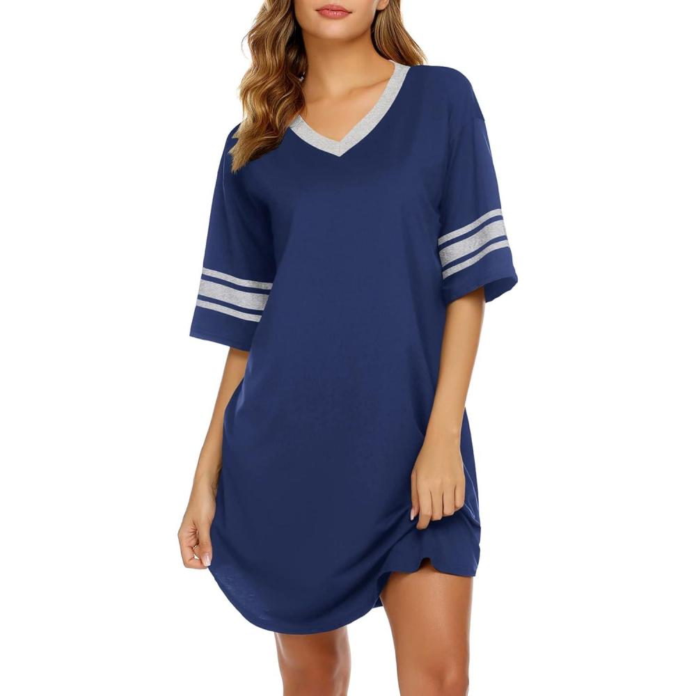 imageEkouaer Nightgowns for Women Cotton Night Gown Short Sleeve Sleepwear V Neck Color Block Sleep Shirts Ladies Night ShirtsAnavy