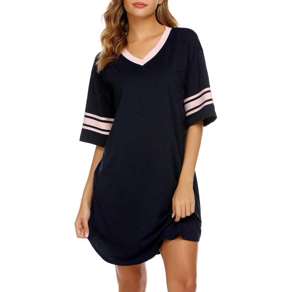 imageEkouaer Nightgowns for Women Cotton Night Gown Short Sleeve Sleepwear V Neck Color Block Sleep Shirts Ladies Night ShirtsAnavy Blue