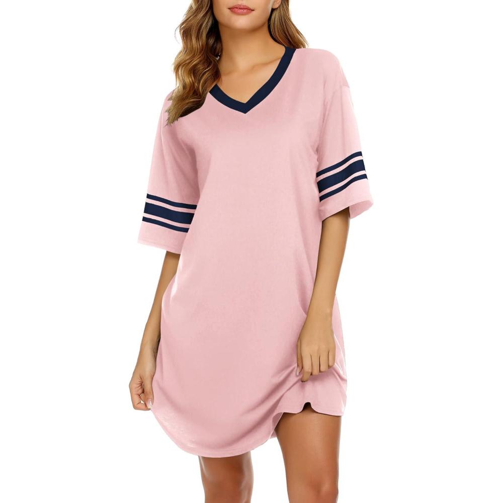imageEkouaer Nightgowns for Women Cotton Night Gown Short Sleeve Sleepwear V Neck Color Block Sleep Shirts Ladies Night ShirtsApink