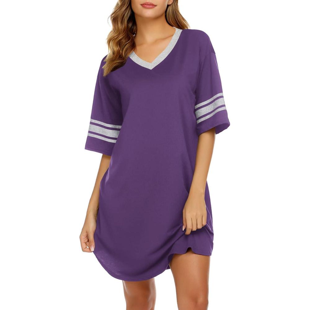 imageEkouaer Nightgowns for Women Cotton Night Gown Short Sleeve Sleepwear V Neck Color Block Sleep Shirts Ladies Night ShirtsApurple