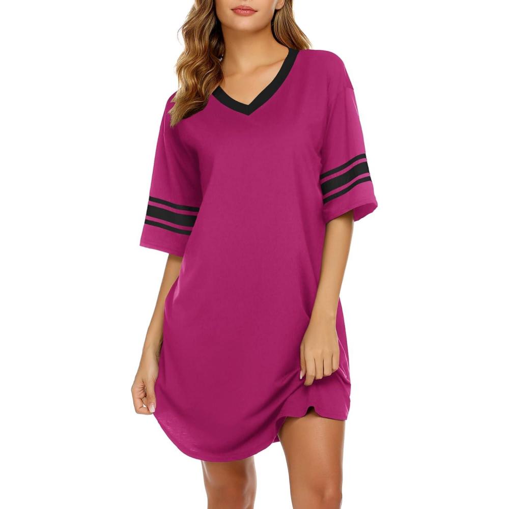 imageEkouaer Nightgowns for Women Cotton Night Gown Short Sleeve Sleepwear V Neck Color Block Sleep Shirts Ladies Night ShirtsArose Red