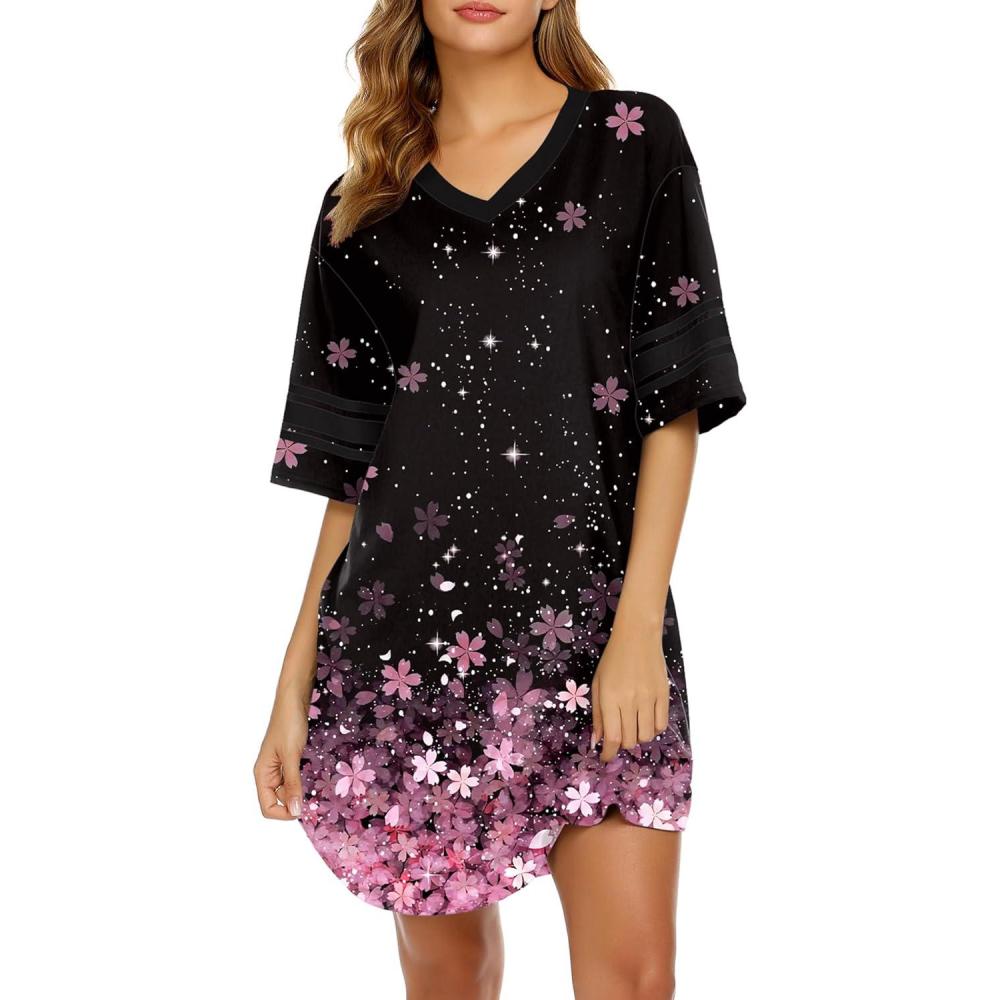imageEkouaer Nightgowns for Women Cotton Night Gown Short Sleeve Sleepwear V Neck Color Block Sleep Shirts Ladies Night ShirtsBcherry Blossoms Black