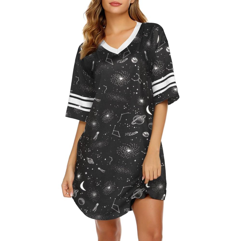 imageEkouaer Nightgowns for Women Cotton Night Gown Short Sleeve Sleepwear V Neck Color Block Sleep Shirts Ladies Night ShirtsBgalaxy Black