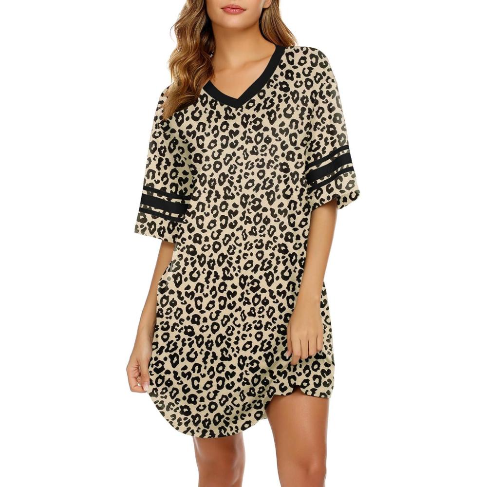 imageEkouaer Nightgowns for Women Cotton Night Gown Short Sleeve Sleepwear V Neck Color Block Sleep Shirts Ladies Night ShirtsBleopard