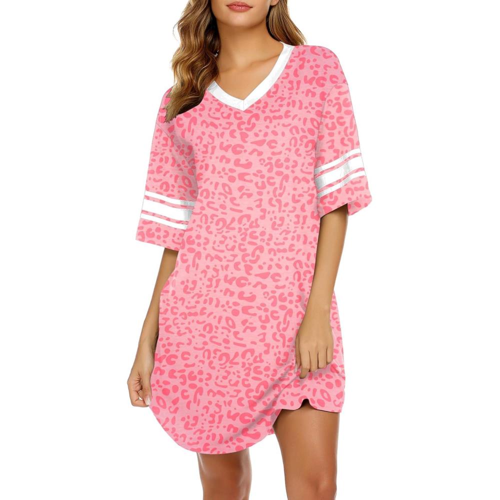 imageEkouaer Nightgowns for Women Cotton Night Gown Short Sleeve Sleepwear V Neck Color Block Sleep Shirts Ladies Night ShirtsCleopard Orange