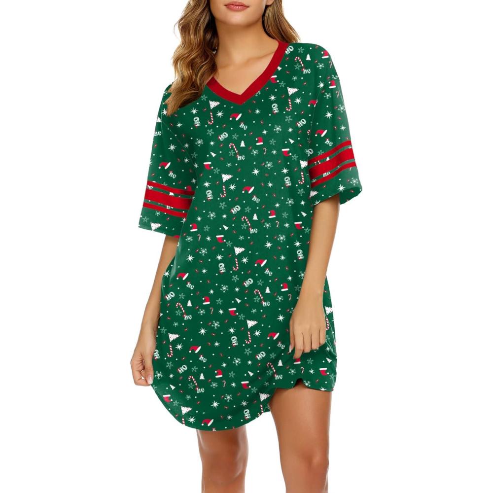 imageEkouaer Nightgowns for Women Cotton Night Gown Short Sleeve Sleepwear V Neck Color Block Sleep Shirts Ladies Night ShirtsZchristmas Green
