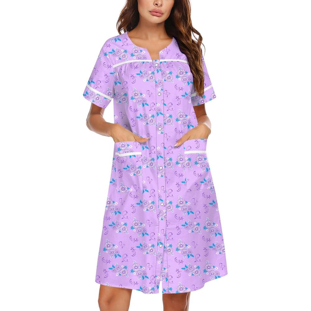 imageEkouaer Nightgowns for Women House Dress with Pockets Snap Front House Coat Short Sleeve Duster Moo Moos Sleepwear S3XLFloral Purple