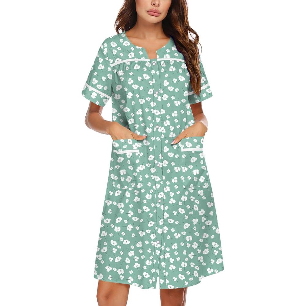 imageEkouaer Nightgowns for Women House Dress with Pockets Snap Front House Coat Short Sleeve Duster Moo Moos Sleepwear S3XLFloral White