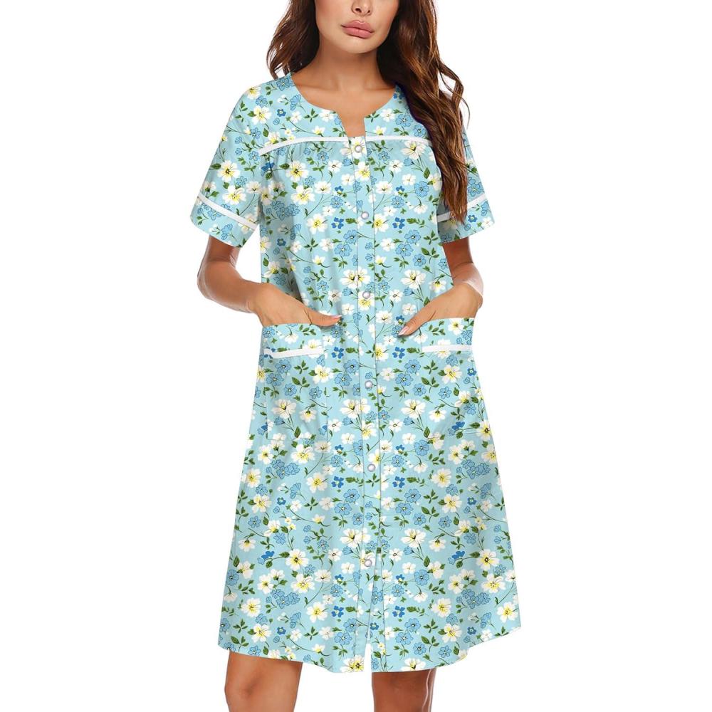 imageEkouaer Nightgowns for Women House Dress with Pockets Snap Front House Coat Short Sleeve Duster Moo Moos Sleepwear S3XLGreen Floral