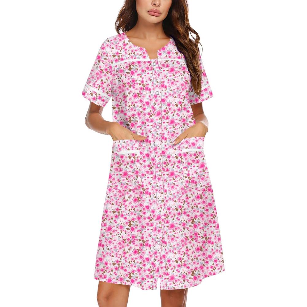 imageEkouaer Nightgowns for Women House Dress with Pockets Snap Front House Coat Short Sleeve Duster Moo Moos Sleepwear S3XLPink Floral