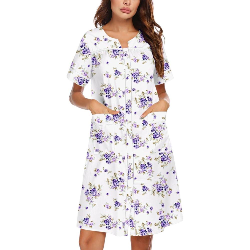 imageEkouaer Nightgowns for Women House Dress with Pockets Snap Front House Coat Short Sleeve Duster Moo Moos Sleepwear S3XLWhite Purple Florals