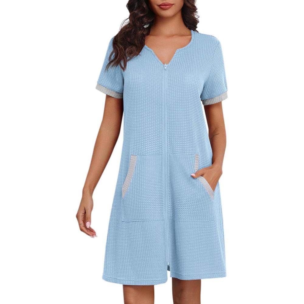 imageEkouaer Women Zipper Robe Waffle Short Sleeve Bathrobes Lightweight Knee Length Housecoat with Pockets S3XLBaby Blue