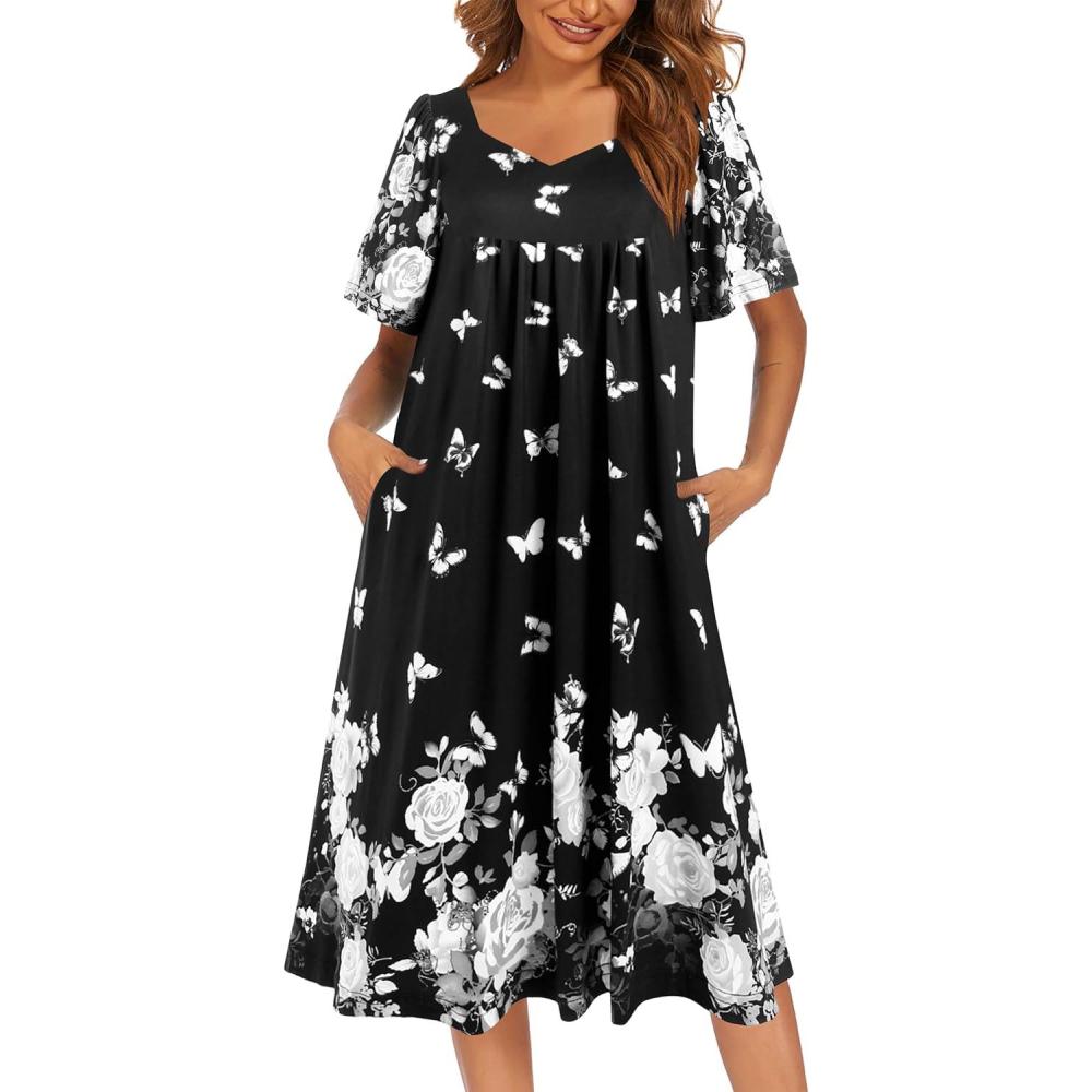 imageEkouaer Womens House Dress Pleated Nightgown with Short Sleeves amp PocketsBlack Butterfly
