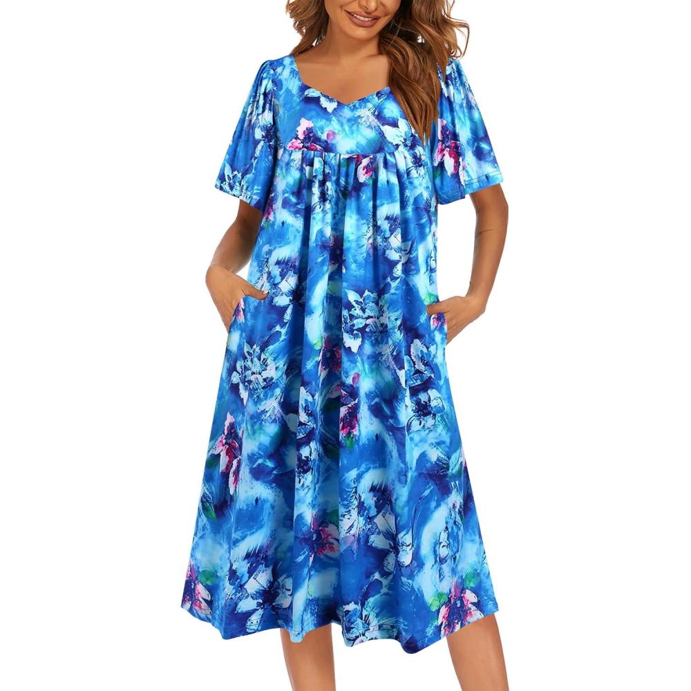 imageEkouaer Womens House Dress  Pleated Nightgown with Short Sleeves amp PocketsBlue Multi Flowers