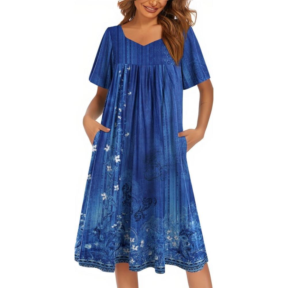 imageEkouaer Womens House Dress Pleated Nightgown with Short Sleeves amp PocketsNavy Blue Ethnic Style