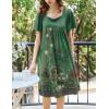 Ekouaer Women’s House Dress – Pleated Nightgown with Short Sleeves & Pockets(Green Ethnic Flower)