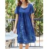 Ekouaer Women’s House Dress – Pleated Nightgown with Short Sleeves & Pockets(Navy Blue Ethnic Style)