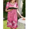 Ekouaer Women’s House Dress – Pleated Nightgown with Short Sleeves & Pockets(Pink Flowers)