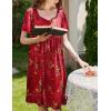 Ekouaer Women’s House Dress – Pleated Nightgown with Short Sleeves & Pockets(Red Ethnic Style)