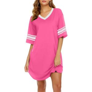 Ekouaer Nightgowns for Women Cotton Night Gown Short Sleeve Sleepwear V Neck Color Block Sleep Shirts Ladies Night Shirts(A_hot Pink)