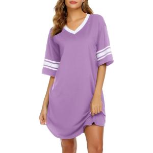 Ekouaer Nightgowns for Women Cotton Night Gown Short Sleeve Sleepwear V Neck Color Block Sleep Shirts Ladies Night Shirts(A_lilac)