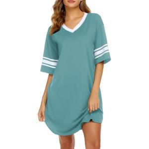 Ekouaer Nightgowns for Women Cotton Night Gown Short Sleeve Sleepwear V Neck Color Block Sleep Shirts Ladies Night Shirts(A_mint Green)