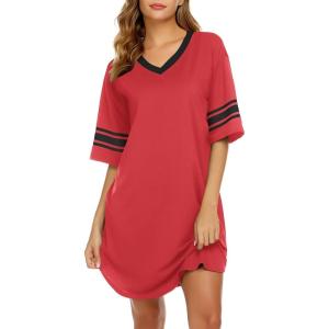 Ekouaer Nightgowns for Women Cotton Night Gown Short Sleeve Sleepwear V Neck Color Block Sleep Shirts Ladies Night Shirts(A_red)