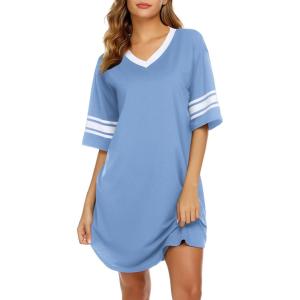Ekouaer Nightgowns for Women Cotton Night Gown Short Sleeve Sleepwear V Neck Color Block Sleep Shirts Ladies Night Shirts(A_sky Blue)