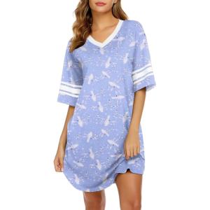 Ekouaer Nightgowns for Women Cotton Night Gown Short Sleeve Sleepwear V Neck Color Block Sleep Shirts Ladies Night Shirts(B_bird Blue)