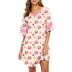 Ekouaer Nightgowns for Women Cotton Night Gown Short Sleeve Sleepwear V Neck Color Block Sleep Shirts Ladies Night Shirts(B_teddy)