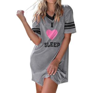 Ekouaer Nightgowns for Women Cotton Night Gown Short Sleeve Sleepwear V Neck Color Block Sleep Shirts Ladies Night Shirts(C_i Love Sleep Grey)