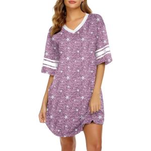 Ekouaer Nightgowns for Women Cotton Night Gown Short Sleeve Sleepwear V Neck Color Block Sleep Shirts Ladies Night Shirts(C_stars Purple)