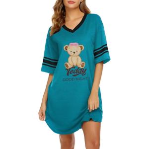 Ekouaer Nightgowns for Women Cotton Night Gown Short Sleeve Sleepwear V Neck Color Block Sleep Shirts Ladies Night Shirts(C_teddy Blue)