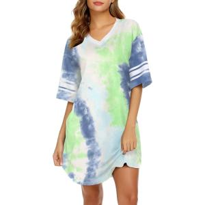 Ekouaer Nightgowns for Women Cotton Night Gown Short Sleeve Sleepwear V Neck Color Block Sleep Shirts Ladies Night Shirts(Tie Dye Green)