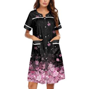 Ekouaer Nightgowns for Women House Dress with Pockets Snap Front House Coat Short Sleeve Duster Moo Moos Sleepwear S-3XL(Black Pink Sakura)