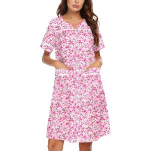 Ekouaer Nightgowns for Women House Dress with Pockets Snap Front House Coat Short Sleeve Duster Moo Moos Sleepwear S-3XL(Pink Floral)