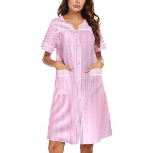 Ekouaer Nightgowns for Women House Dress with Pockets Snap Front House Coat Short Sleeve Duster Moo Moos Sleepwear S-3XL(Pink Striped)