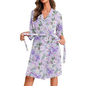 Ekouaer Robes for Women Waffle Knit Bathrobe Lightweight Kimono Robe Knee Length Loungewear with Pockets(Purple Butterfly Floral)