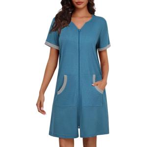 Ekouaer Women Zipper Robe Waffle Short Sleeve Bathrobes Lightweight Knee Length Housecoat with Pockets S-3XL(Slate Blue)