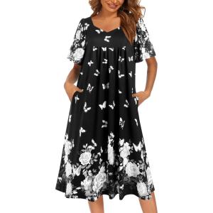 Ekouaer Women’s House Dress – Pleated Nightgown with Short Sleeves & Pockets(Black Butterfly)