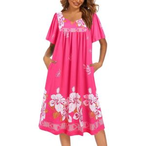 Ekouaer Women’s House Dress – Pleated Nightgown with Short Sleeves & Pockets(Pink Flower)