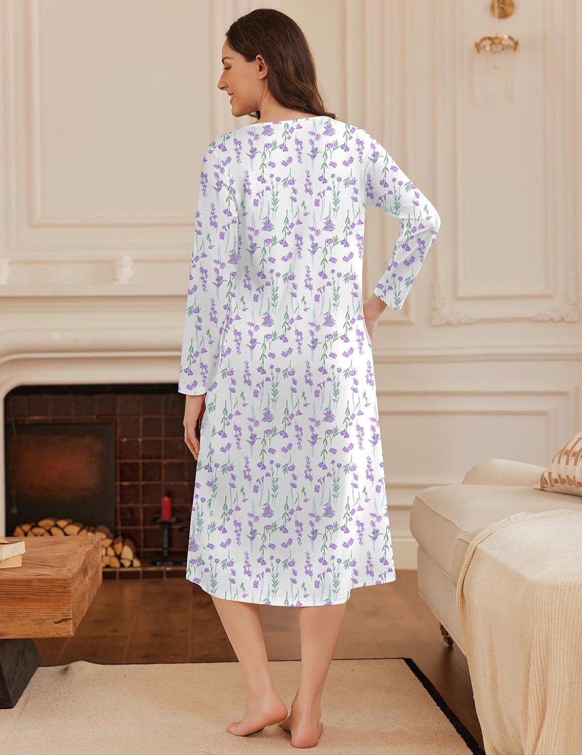 imageEkouaer Long Sleeve Nightgowns for Women Long Sleepshirts Button Night Gowns Sleepwear Full Length Sleep Dress with PocketsPurple Flower