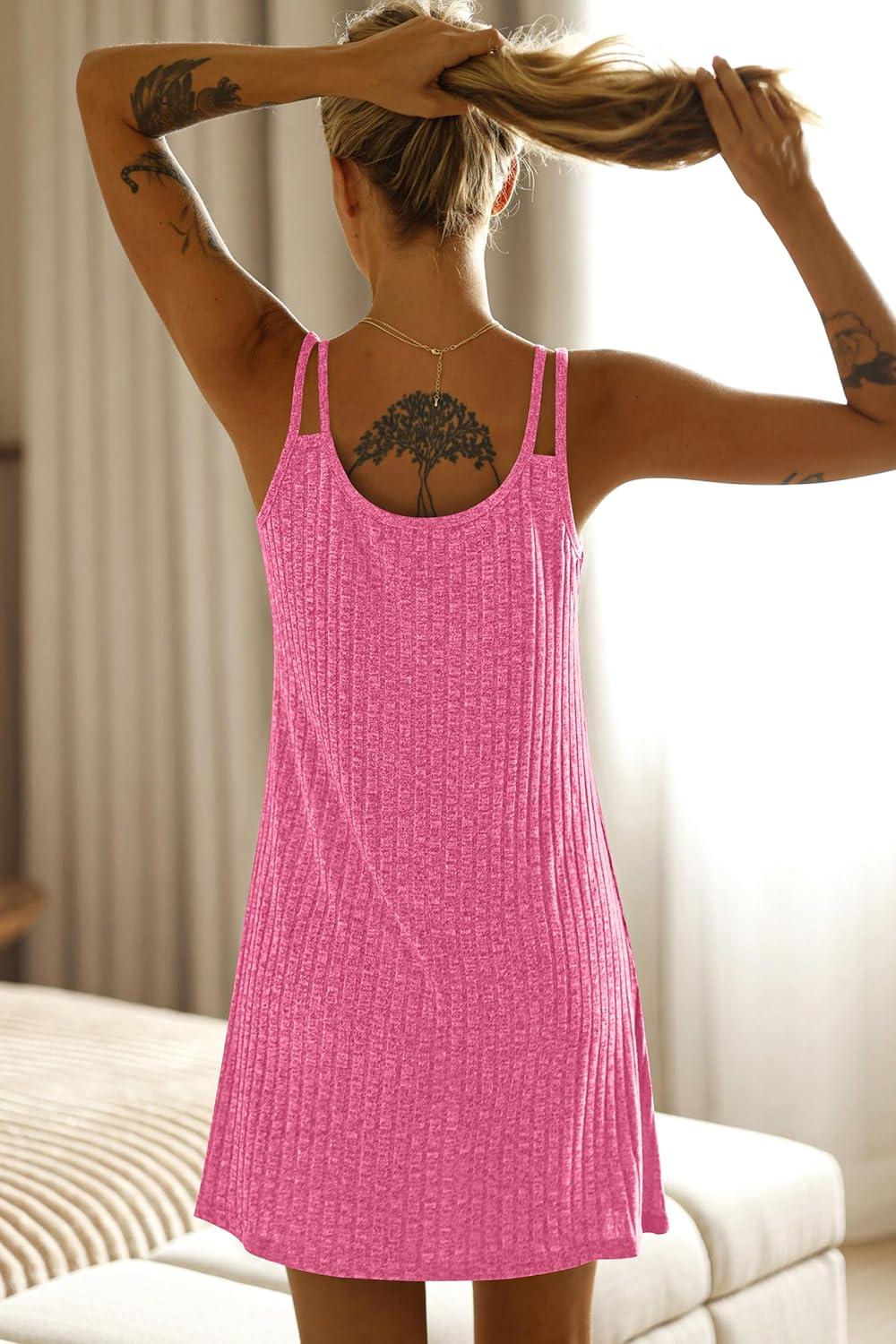 imageEkouaer Nightgown for Women Sleeveless Sleepwear Sexy Sleep Dress Ribbed Knit Night Shirt Soft Chemise Nighties SXXLRose Red