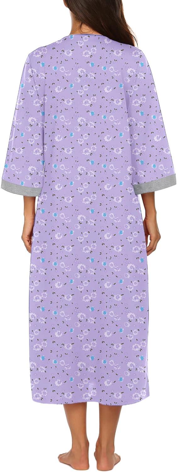 imageEkouaer Women Zipper Robe 34 Sleeves Loungewear Dress Full Length Sleepwear Pockets Housecoat Nightgown Long BathrobeStyle 1pat23