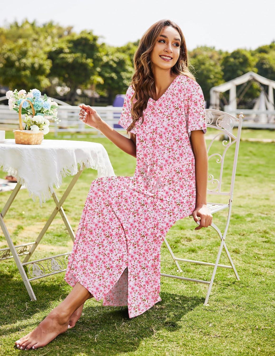 imageEkouaer Womens Full Length Short Sleeve NightgownPink Floral