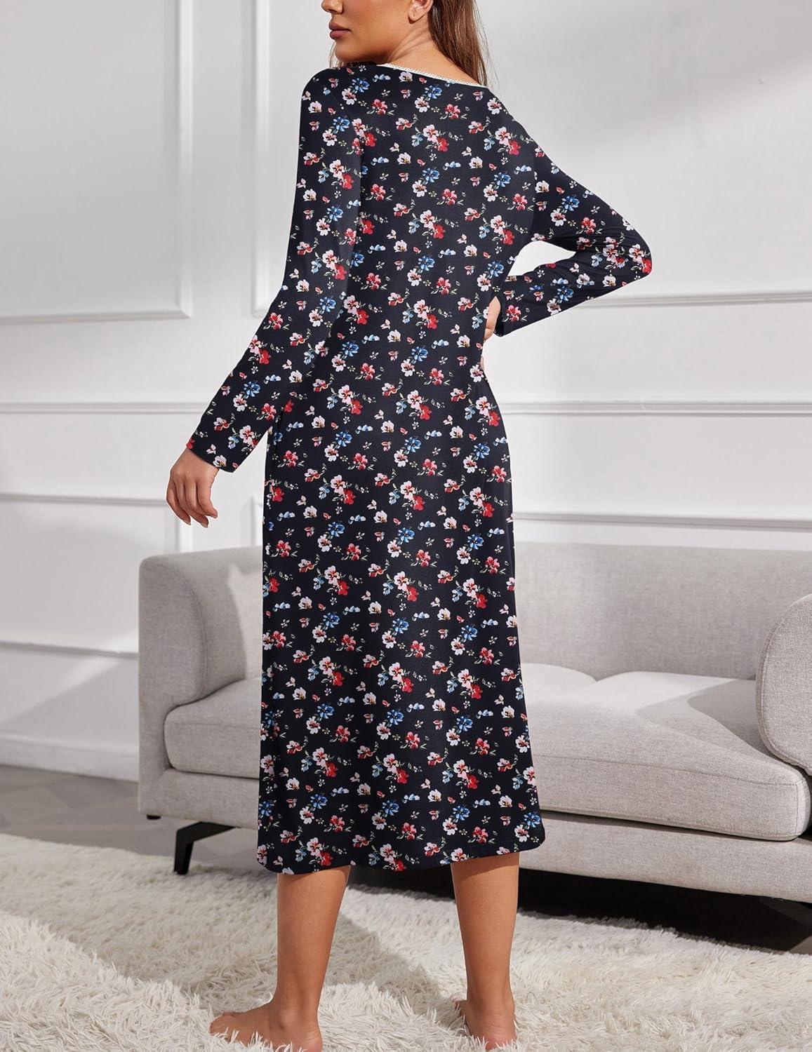 imageEkouaer Womens Long Sleeve Nightgowns Long Sleep Shirts Henley Night Shirts Full Length NightgownBlack Flower